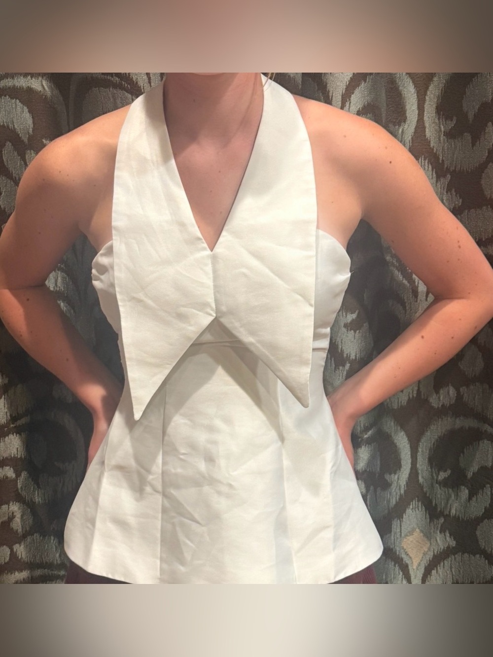 CHOUCHOU Designer White Halter Top with Pointed Collar Elegant Wedding Classy